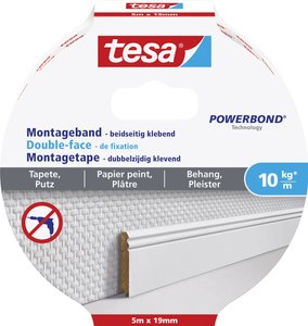 Dwustronna taśma montażowa tesa® do tapet i tynku — wytrzymuje do 10 kg/m, idealna do mocowania przedmiotów na powierzchniach teksturowanych Taśma montażowa tesa tesa® Powerbond 77743-00000-00 WALLPAPER (D x S) 5 m x 19 mm 5 m 1 szt.