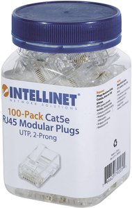 Intellinet 100 szt. Cat5e RJ45 wtyk modułowy UTP 2-punktowy połączenie do skrętki 100 wtyczek na kubek Złącze męskie RJ45 Intellinet 790055, CAT 3, CAT 4, CAT 5, CAT 5e, piny:8P8C, 100 szt.
