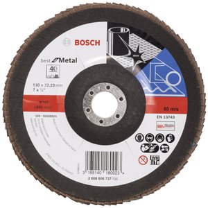 X571 Best for Metal, doskonała trwałość podczas obróbki zgrubnej spoin i szlifowania szorstkich powierzchni. Tarcza lamelkowa Bosch Accessories X571 2608606737 Średnica 180 mm 1 szt.