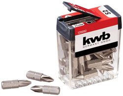 Pudełko z dozownikiem bitów kwb PH2 - 25-częściowy zestaw bitów z bitami śrubokrętowymi PH2, długość 25 mm, kształt C 6.3 i średnica 1/4 &quot,z chwytem sześciokątnym Bit krzyżakowy PH 2 kwb  120092 stal   25 szt.