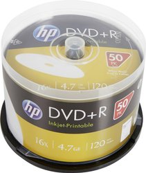 DVD + R 4,7 GB / 120 min / 16x Cakebox (50 płyt), pełnowymiarowa powierzchnia do druku atramentowego DVD+R HP DRE00026WIP 50 szt.