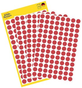 Kropki samoprzylepne AVERY Zweckform (Ø 8 mm, 416 punktów samoprzylepnych na 4 arkuszach, papier, mat) czerwone Avery-Zweckform 3010 Etykiety do oznaczników Ø 8 mm czerwony 416 szt. Trwały Papier