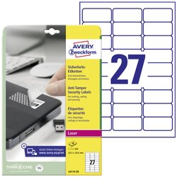 Avery-Zweckform L6114-20 Etykiety bezpieczeństwa 63.5 x 29.6 mm Folia poliestrowa biały 480 szt. Trwały Drukarka Laserowa, Kopiarka, Drukarka etykiet