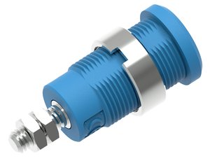 Gniazdo bananowe bezpieczne Ø4mm z okrągłą nakrętką Ø14,5mm, kołkiem gwintowanym M4 i końcówką z nakrętkami sześciokątnymi, niebieskie Electro PJP 3265-C-CD1-BL Gniazdo laboratoryjne zabezpieczone 1 szt.
