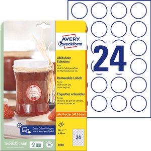 Avery-Zweckform 5080 Etykieta uniwersalna Ø 40 mm Papier biały 1 zest. Z możliwością usunięcia Drukarka atramentowa, Drukarka Laserowa, Drukarka Laserowa, kolorowa