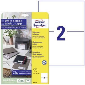 Avery-Zweckform 3655-10 Etykieta uniwersalna 210 x 148 mm Papier biały 20 szt. Trwały Drukarka atramentowa, Drukarka Laserowa, Drukarka Laserowa, kolorowa, Kopiarka, Drukarka z funkcją kopiowania w kolorze, Drukarka etykiet