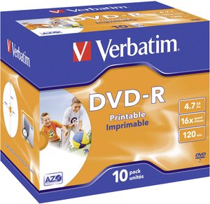 Płyty Verbatim DVD-R 16x do nadruku 10 szt. opakowanie pojedyncze Jewel DVD-R Verbatim 43521 10 szt.