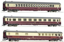 Pociąg osobowy Roco 74034 H0 zestaw 3 samochodów osobowych EC 24 &quot,Erasmus&quot, DB 1. klasa typ Apmz 121.1, 1. klasa typ Avmz 111.1, wagon restauracyjny typ WRmh 132,1