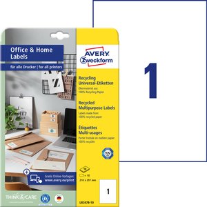Avery-Zweckform LR3478-10 Etykieta uniwersalna 210 x 297 mm Papier makulaturowy biały 10 szt. Trwały Drukarka Laserowa, kolorowa, Drukarka Laserowa