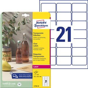 Avery-Zweckform L7782-25 Etykiety foliowe 63.5 x 38.1 mm Folia poliestrowa przeźroczysty 525 szt. Trwały Drukarka Laserowa, Drukarka Laserowa, kolorowa