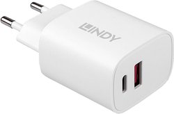 Ładowarka do urządzeń mobilnych Lindy 73413 Uniwersalna biała, szybkie ładowanie AC w pomieszczeniach LINDY 20W USB Typ A & C Charger Ładowarka USB 20 W dom Ilość wyjść: 2 x USB-A, USB-C