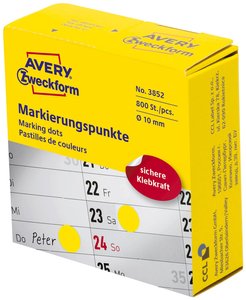 Oznaczniki samoprzylepne AVERY Zweckform (ø 10 mm, 800 kropek samoprzylepnych na rolce w dyspenserze, papier, mat) żółte Avery-Zweckform 3852 Etykiety do oznaczników Ø 10 mm żółty 800 szt. Trwały Papier