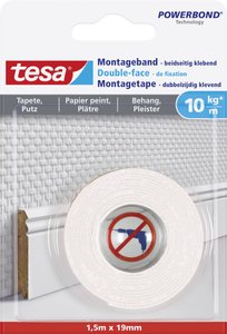 Dwustronna taśma montażowa tesa® do tapet i tynku — wytrzymuje do 10 kg/m, idealna do mocowania przedmiotów na powierzchniach teksturowanych Taśma montażowa tesa tesa® Powerbond 77742-00000-00 WALLPAPER (D x S) 1.5 m x 19 mm 1.5 m 1 szt.