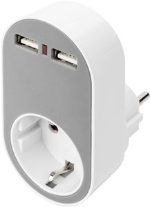 Digitus  Adapter  gniazdo Maksymalne natężenie wyjściowe 2400 mA Ilość wyjść: 2 x USB, złącze żeńskie z gniazdem