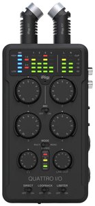 Kompaktowy interfejs audio/midi z 4 wejściami i 2 wyjściami dla systemów iOS, Android, MAC i PC Interfejs audio IK Multimedia iRig Pro Quattro I/O Deluxe