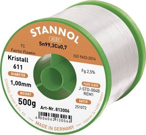 Drut do lutowania miękkiego Stannol Kristall 611 ze stopu Flowtin TC Sn99Cu1 o zawartości topnika 2,5% o średnicy 1,0 mm na szpuli 500g Cyna lutownicza bezołowiowa Stannol Kristall 611 Fairtin bezołowiowa Sn99,3Cu0,7 REM1