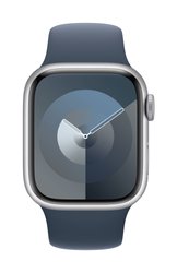 Apple Watch Series 9 GPS 41 mm srebrna aluminiowa obudowa z paskiem sportowym w kolorze burzowego błękitu – M/L Apple Watch Series 9 GPS 41 mm Obudowa aluminiowa Opaska sportowa Niebieski Storm M/L