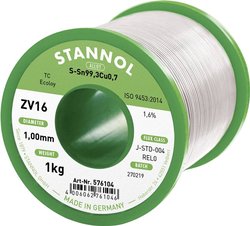 Drut do lutowania miękkiego Stannol ZV16 ze stopu TC Sn99Cu1 o zawartości topnika 1,6% o średnicy 1,0 mm na szpuli 1000g Cyna lutownicza bezołowiowa Stannol ZV16 bezołowiowa Sn99,3Cu0,7 REL0 1000 g 1 mm