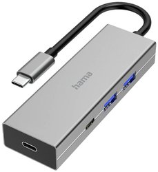 Hub USB 3.2 Gen 1 Hama  4 porty z gniazdem szybkiego ładowania, z wtyczką USB-C szary