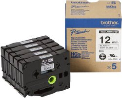 Zestaw kaset z taśmą HGe Multipack (5 szt./opakowanie) do Brother P-touch 9500PC, 9700PC, 9800PCN, D800W, P900W, P950NW, RL700S Brother HGEM931V5, 12 mm x 8 m, Kolor taśmy: srebrny (matowy) / Kolor nadruku: czarny