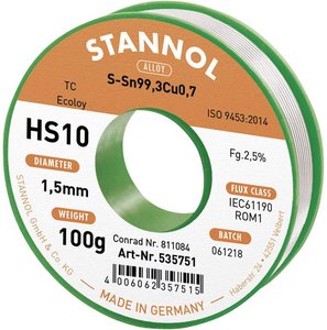 Cyna lutownicza bezołowiowa Stannol HS10 2510 szpula Sn99,3Cu0,7 ROM1 100 g 1.5 mm