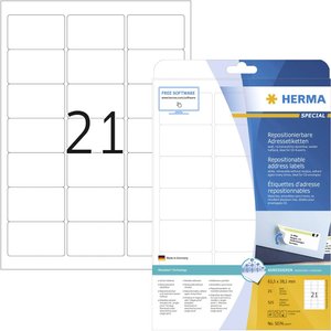 Herma 5074 Etykieta adresowa 63.5 x 38.1 mm Papier biały 525 szt. Z możliwością usunięcia Drukarka atramentowa, Drukarka Laserowa, Drukarka Laserowa, kolorowa, Kopiarka, Drukarka z funkcją kopiowania w kolorze, Drukarka etykiet