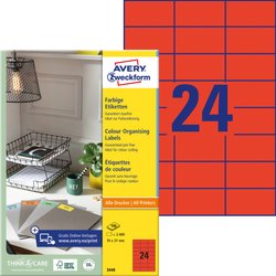 Avery-Zweckform 3448 Etykieta uniwersalna 70 x 37 mm Papier czerwony 2400 szt. Trwały Drukarka atramentowa, Drukarka Laserowa, Drukarka Laserowa, kolorowa, Kopiarka