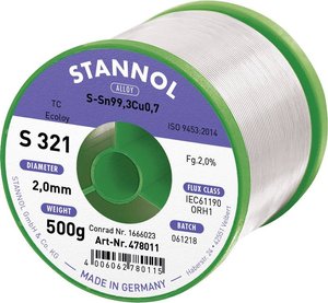Cyna lutownicza bezołowiowa Stannol S321 2,0% 2,0MM SN99,3CU0,7CD 500G bezołowiowa, szpula Sn99,3Cu0,7 ORH1 500 g 2 mm