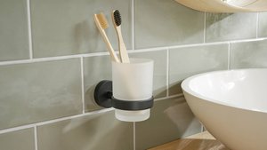 tesa® MOON BLACK Kubek na szczoteczki do zębów z matowego szkła z uchwytem, czarny matowy - bez wiercenia, z klejem - 96 mm x 70 mm x 109 mm tesa 40566-00000-00 MOON BLACK Miejsce na szczoteczkę  klej  czarny (matowy), szkło gładzone