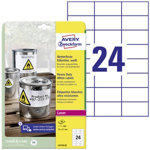 Avery-Zweckform L4718-20 Etykiety foliowe 70 x 37 mm Folia poliestrowa biały 480 szt. Trwały Drukarka Laserowa, kolorowa, Drukarka Laserowa, Drukarka z funkcją kopiowania w kolorze, Kopiarka, Drukarka etykiet