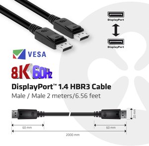 Przejściówka Club 3D DisplayPort 1.4 HBR3 8K60 m, złącze męskie/złącze męskie, 2 Meters Kabel DisplayPort club3D CAC-2068 CAC-2068, trudnopalny, 8K, 2.00 m