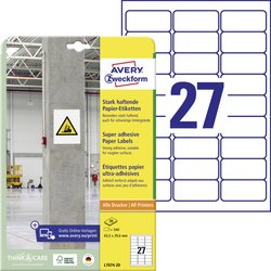 Avery-Zweckform L7874-20 Etykiety samoprzylepne 63.5 x 29.6 mm Papier biały 540 szt. Trwały, Silnie łączący Drukarka atramentowa, Drukarka Laserowa, Drukarka Laserowa, kolorowa, Kopiarka, Drukarka z funkcją kopiowania w kolorze, Drukarka etykiet