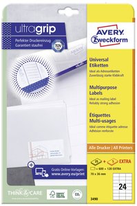 Avery-Zweckform 3490 Etykieta uniwersalna 70 x 36 mm Papier biały 720 szt. Trwały Drukarka atramentowa, Drukarka Laserowa, Drukarka Laserowa, kolorowa, Kopiarka, Drukarka z funkcją kopiowania w kolorze, Drukarka etykiet