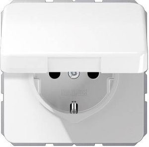 Jung CD1520BFKIKLWW Gniazdo stykowe uziemiające 16A 250V Pokrywa ochronna Pokrywa na zawiasach nietłukąca alpejska biel Gniazdo sieciowe z klapką Jung CD1520BFKIKLWW śnieżnobiały