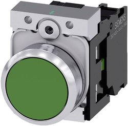 Przycisk Siemens 3SU1150-0AB40-1BA0 pierścień przedni metalowy, błyszczący, siłownik płaski zielony   1 szt.