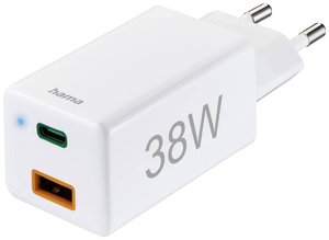 Szybka ładowarka, 1x USB-C PD, 1x USB-A QC, mini ładowarka, 38W, biała Hama  Ładowarka USB 38 W dom, gniazdo  Ilość wyjść: 2 x USB-A, USB-C
