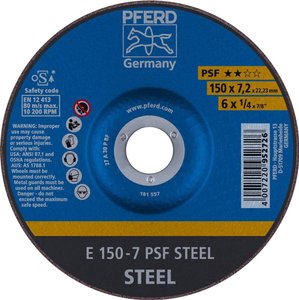 Tarcza szlifierska linia uniwersalna PSF do stali z odsadzeniem ø 125 do szlifierek kątowych z otworem 22,23 PFERD 62015628 E 150-7 PSF STEEL Tarcza tnąca wygięta Średnica 150 mm   10 szt.