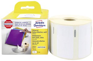 Avery Zweckform AS0722540 Etykiety na rolkach, Etykiety usuwalne, 32 x 57 mm, 1 rolka/1000 etykiet, Biały Etykiety do drukarek etykiet Avery-Zweckform AS0722540, 57 x 32 mm, Etykieta uniwersalna, biały