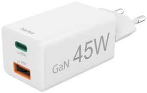 Hama Schnellladegerät, 1x USB-C PD, 1x USB-A QC, Mini-Ladegerät, 45 W, Weiß Ładowarka USB  dom, gniazdo  Ilość wyjść: 2 x USB-A, złącze żeńskie USB-C (Power Delivery) USB Power Delivery (USB-PD)