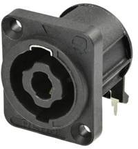 4-stykowe złącze do obudowy, czarny kołnierz w kształcie litery D, otwory gwintowane pod śrubę A-SCREW, poziomy montaż PCB Złącze męskie głośnikowe Rean AV RLS4MDZ-H RLS4MDZ-H, złącze męskie, 1 szt.