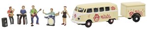 Model autobusu Schuco 452669100 H0 Volkswagen Autobus T1 z przyczepą i zespołem The Red Monkeys