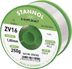 Drut do lutowania miękkiego Stannol ZV16 ze stopu TC Sn99Cu1 o zawartości topnika 1,6% o średnicy 1,0 mm na szpuli 250g Cyna lutownicza bezołowiowa Stannol ZV16 bezołowiowa Sn99,3Cu0,7 REL0 250 g 1 mm