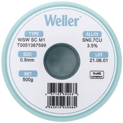 Cyna lutownicza bezołowiowa Weller WSW SC M1 szpula Sn0,7Cu  500 g 0.8 mm