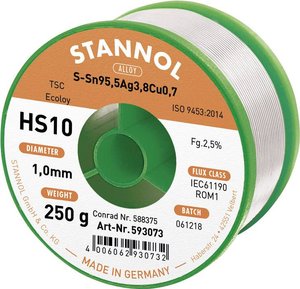 Cyna lutownicza bezołowiowa Stannol HS10 2510 szpula Sn95,5Ag3,8Cu0,7 ROM1 250 g 1 mm