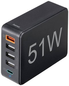 Hama  Stacja ładowania USB 51 W dom Maksymalne natężenie wyjściowe 3000 mA Ilość wyjść: 5 x USB-A, USB-C
