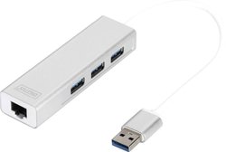Digitus 3-portowy HUB USB 3.0 & Gigabit LAN, 3xUSB A, 1xUSB A, wtyk RJ45 LAN Hub USB 3.2 Gen 1 (USB 3.0) Digitus DA-70250-1 3+1 Port  srebrny
