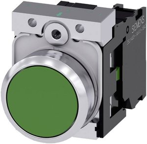 Przycisk Siemens 3SU1150-0AB40-1BA0 pierścień przedni metalowy, błyszczący, siłownik płaski zielony   1 szt.