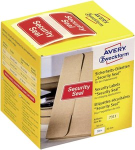 Znak bezpieczeństwa Avery Zweckform 7311, 38 x 20 mm, nadruk „Security Seal”, 1 rolka/200 etykiet, czerwony Avery-Zweckform 7311 Etykiety bezpieczeństwa 38 x 20 mm Folia VOID czerwony 200 szt.