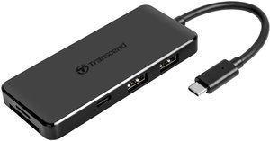 Hub USB 2.0 Transcend TS-HUB5C  wbudowany czytnik kart pamięci SD, z wtyczką USB-C, z gniazdem szybkiego ładowania czarny