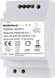 Zasilacz na szynę DIN Basetech PSDD-60-24-2 BT-2250321 24 V 2.5 A 60 W Ilość wyjść:2 x